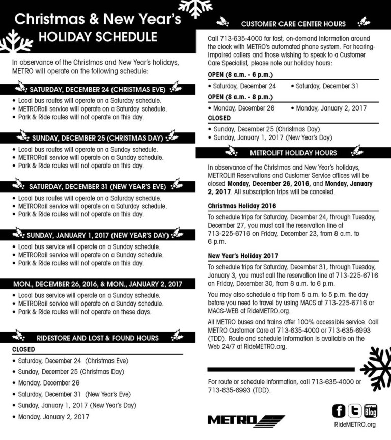 METRO Holidays Schedule International Management District