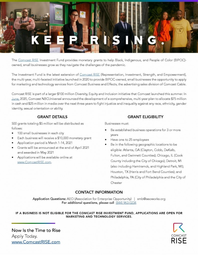 COMCAST RISE 10,000 Grant Opportunity Now Accepting Applications